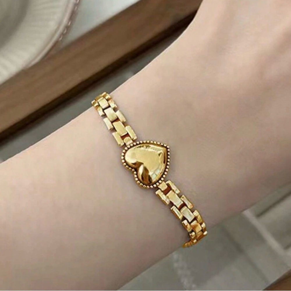 New Stainless Steel Gold Color Heavy Curb Chain Heart Bracelet